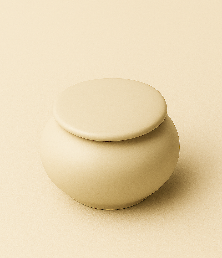 A smooth, round ceramic ash container with a soft matte finish, styled in a calm, neutral setting.