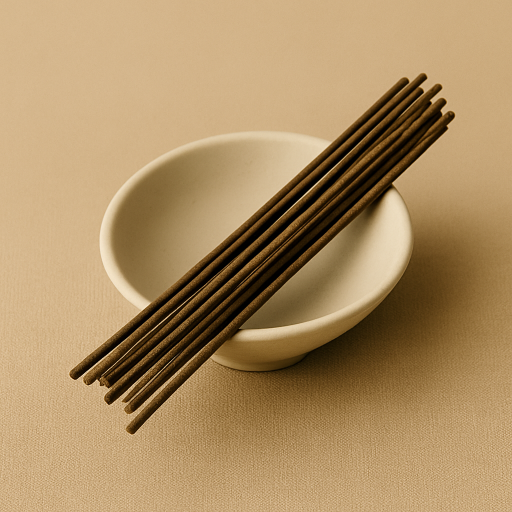 A bundle of natural incense sticks resting in a minimalist ceramic dish on a beige background.