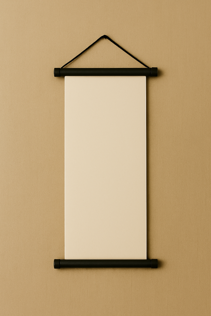 A hanging wall scroll with elegant Asian calligraphy, presented against a warm-toned background.